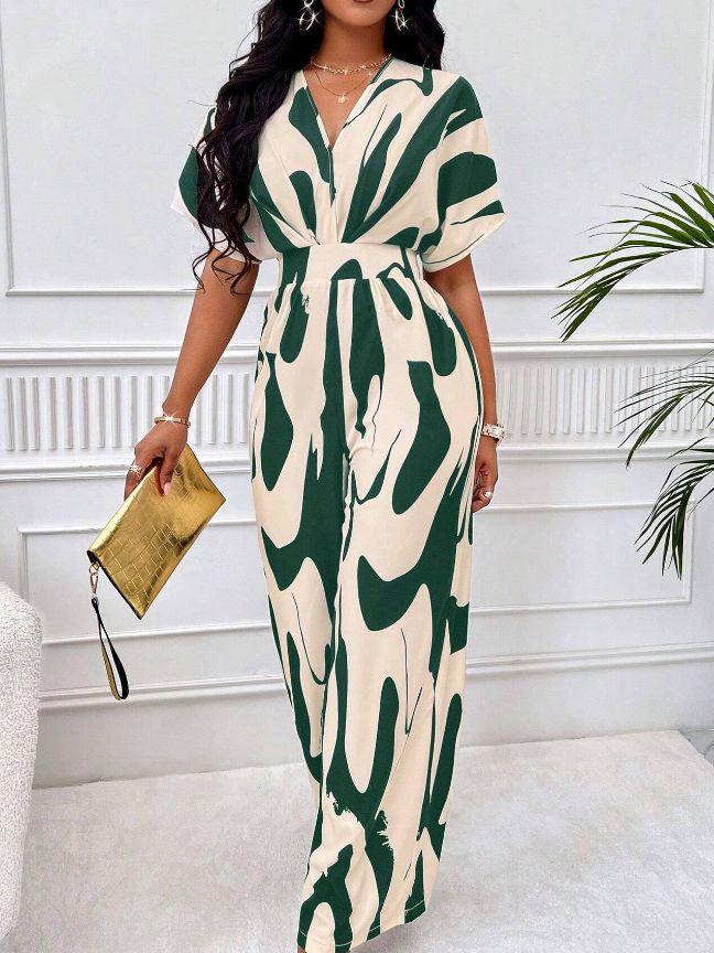 European & American Women's Full Print Batwing Sleeve Wide Leg Jumpsuit - Fashionable & Versatile