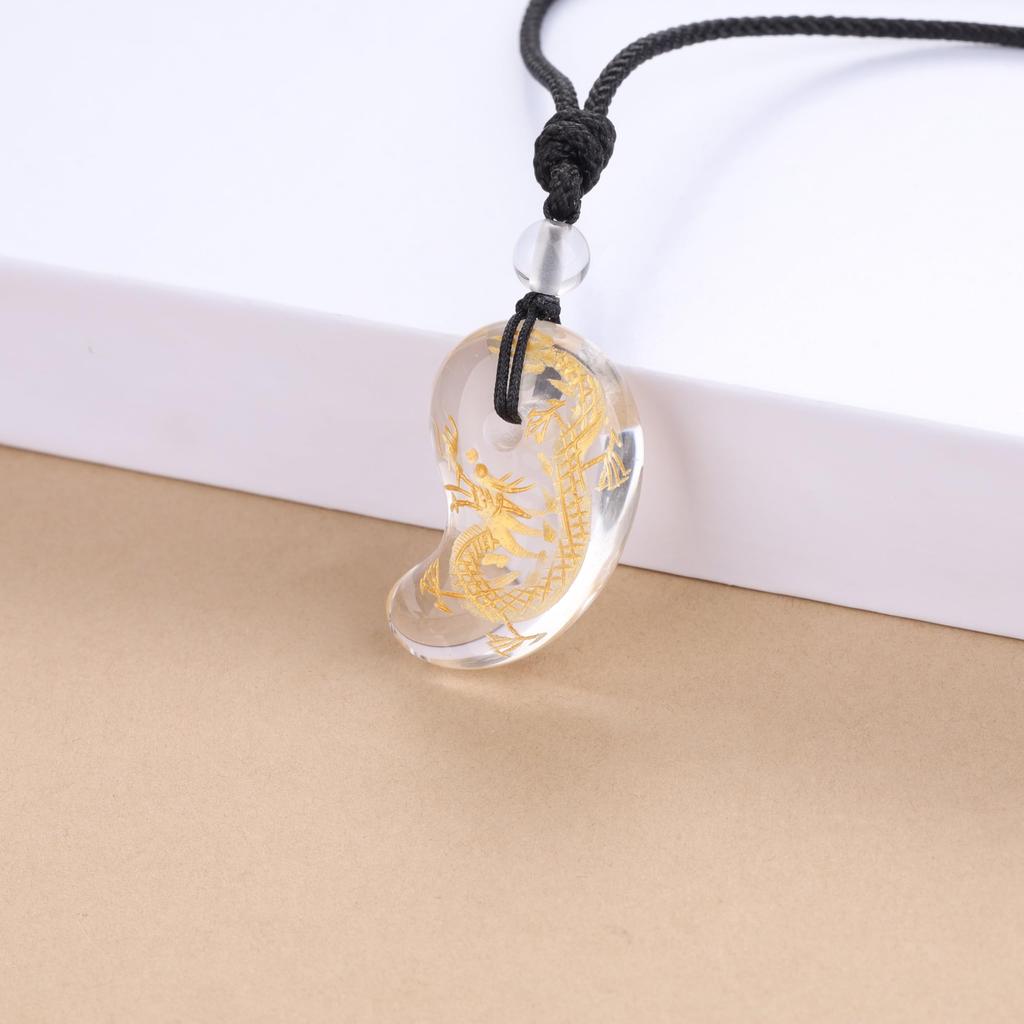 [KOAI] Crystal Gold Dragon Carving Purification Healing Amulet Magatama Necklace, Adjustable Length, Men's & Women's