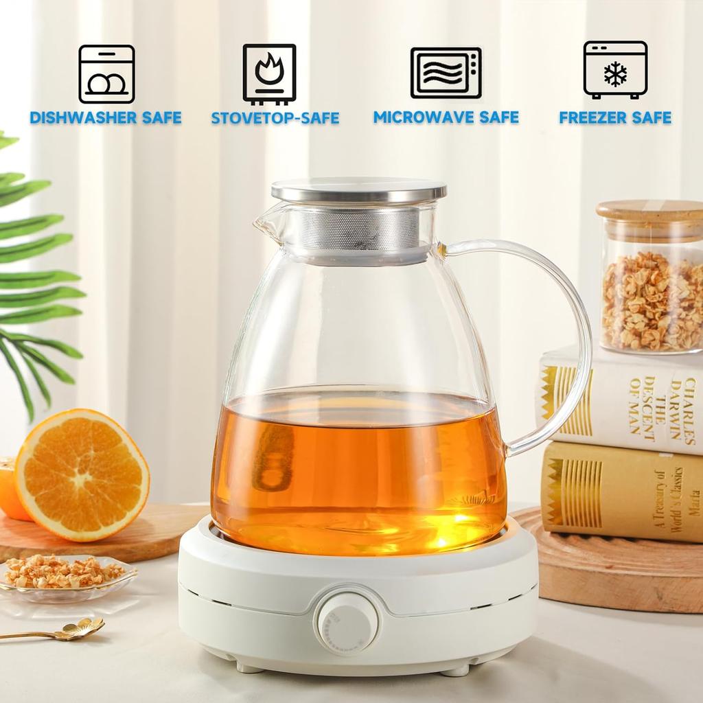 68OZ/2000ML One Touch Glass Teapot with Stainless Steel Filter Lid, Stovetop & Microwave Safe Tea Maker Water Kettle, Strainer & Cover 2 in 1 Loose