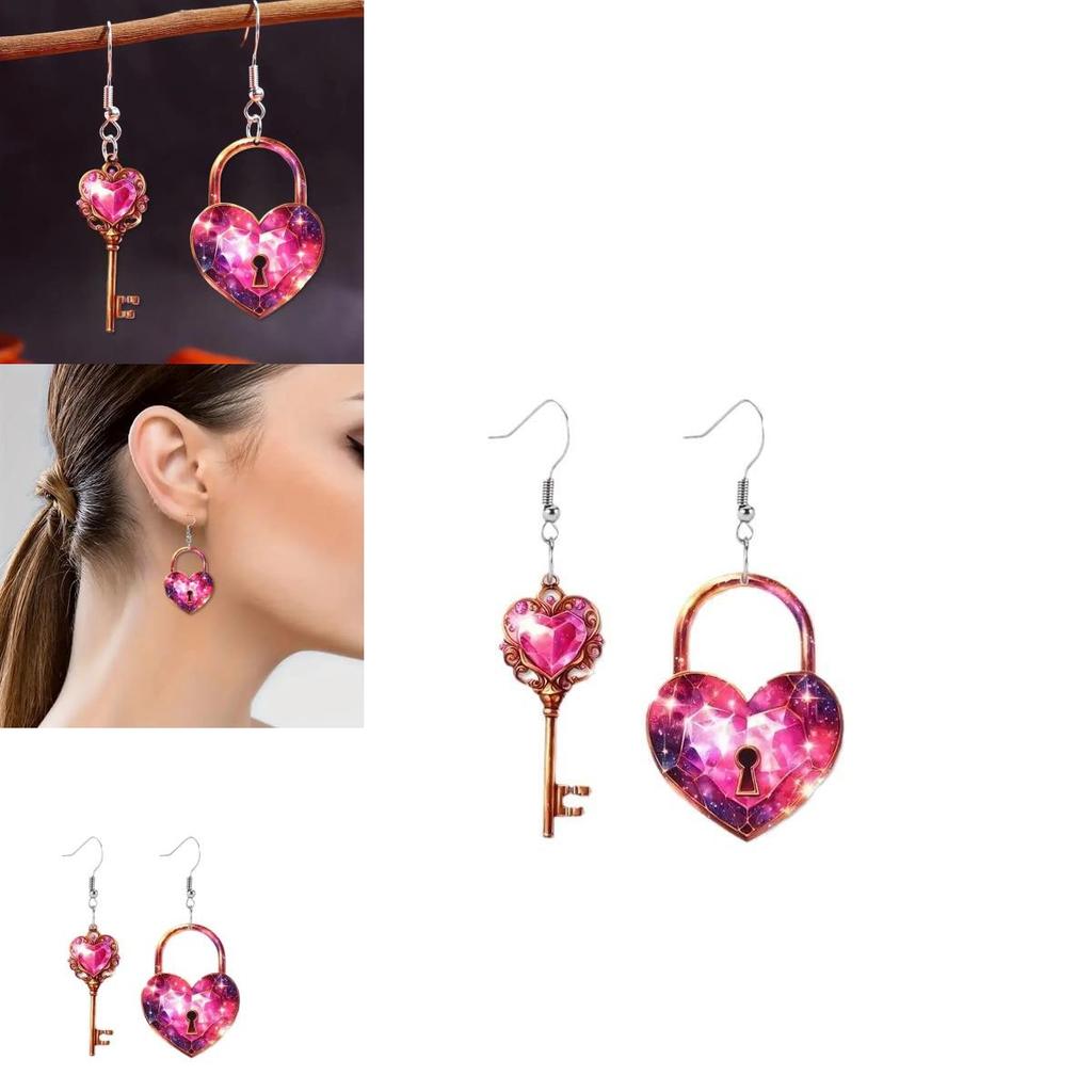 Sweet Heart Shaped Lock And Key Design Acrylic Women Pink Earrings Jewelry For All Genders