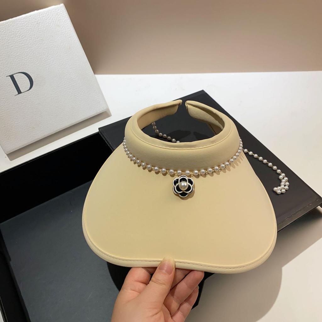 French Small Fragrant Wind Pearl Camellia Empty Top Hat Summer Ice Silk Enlarged Ass Brim Full Cover Sun Protection Hat Women