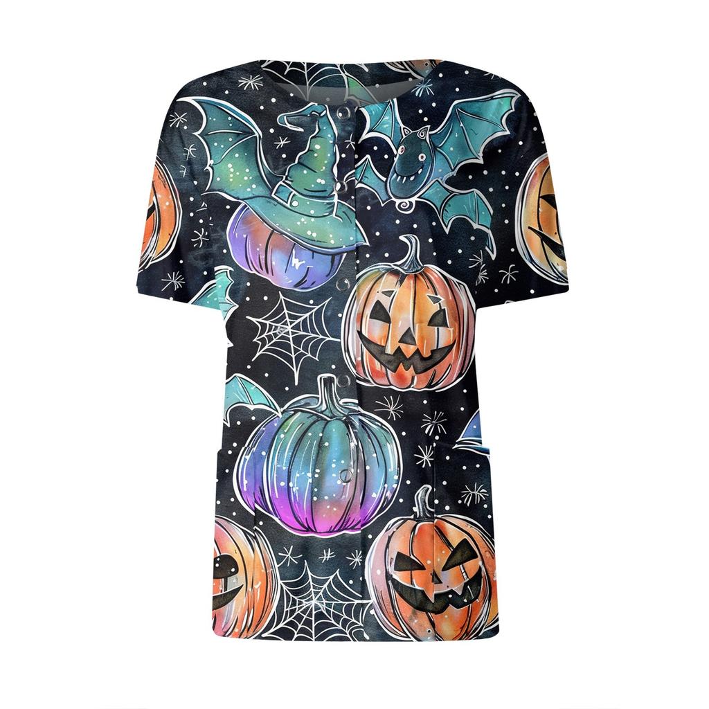 Women's Short Sleeved Patterned Pockets, Work Print Stand Up Collar, Single Breasted Protective Clothing, Cardigan Jacket, Top