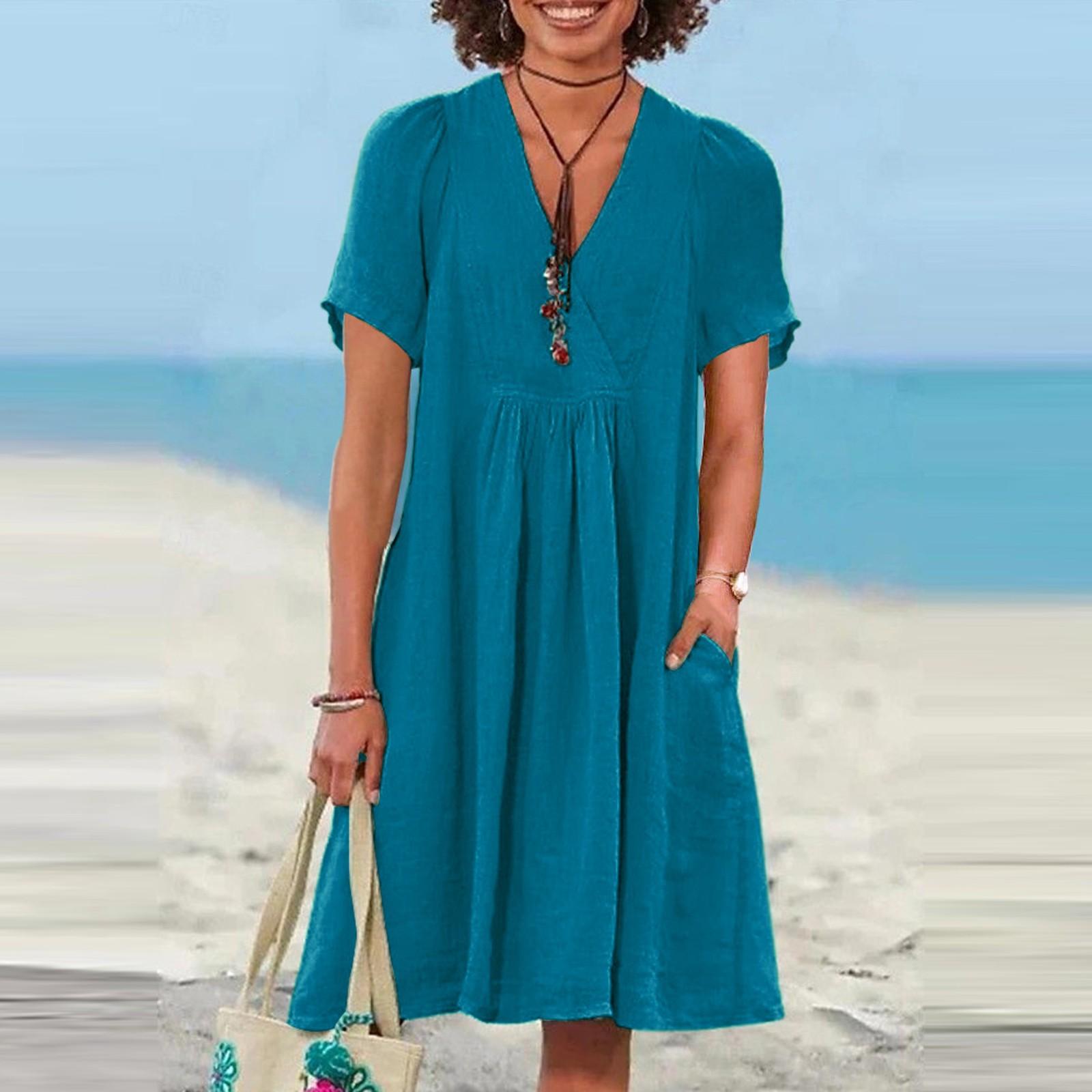 

Женское повседневное свободное модное ретро хлопковое платье с коротким рукавом и V-образным вырезом в складку M