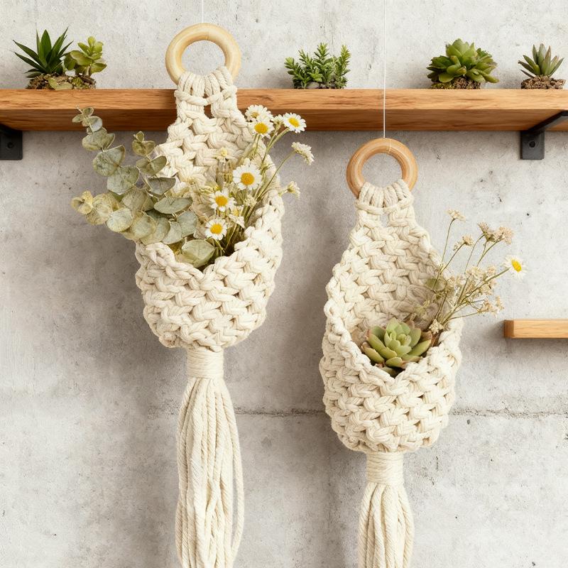 Cotton Rope Woven Hanging Basket Bohemian Plant Net Pouch Wall Tapestry Garden Decor Flower Basket Horticulture Decoration