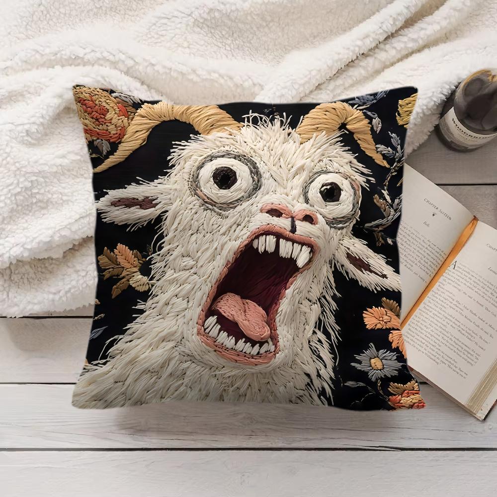 Spooky Goat Face 2D Cool Cushion Cover Silky Short Plush Invisible Zipper Dustproof Sofa Pillow Case For Home Decor