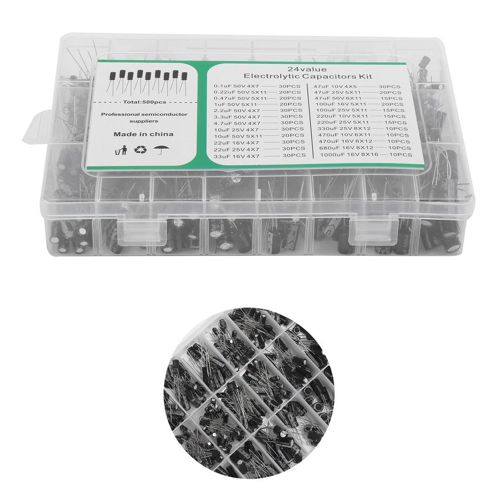 500Pcs Electrolytic Capacitor Kit 24 Value Assortment Box 0.1uF?1000uF 10V 16V 25V 50V