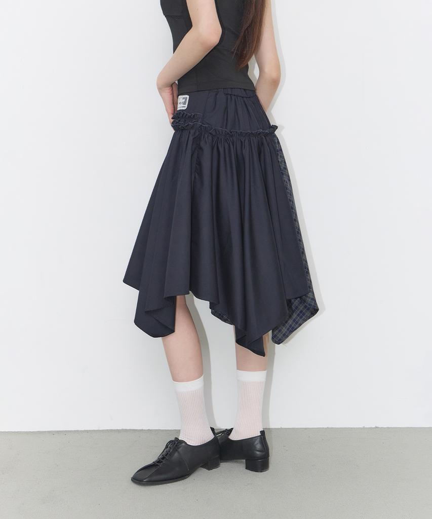 Iligo Check Color Block Midi Skirt Navy