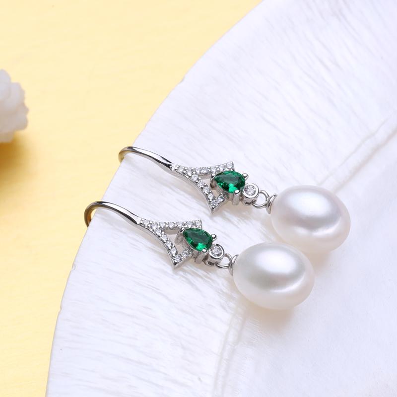 LSOOYH Green Crystal Freshwater Pearl Long Earrings Jewelry Sets Cubic Zirconia Leaf Necklace