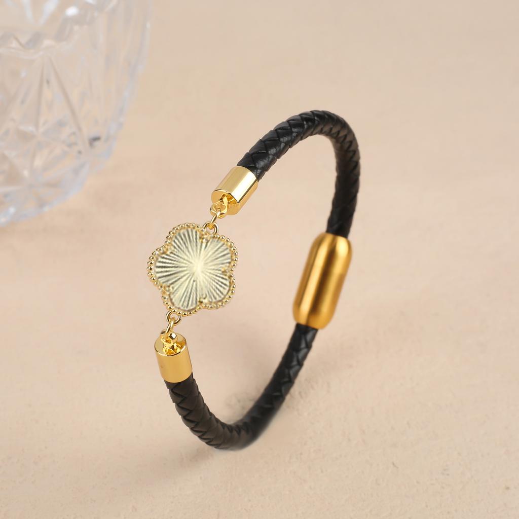 Simple Five-Leaf Flower Leather Braided Bracelet Natural Stones Clover Stainless Steel Bangle For Women Party Daily Wear Jewelry