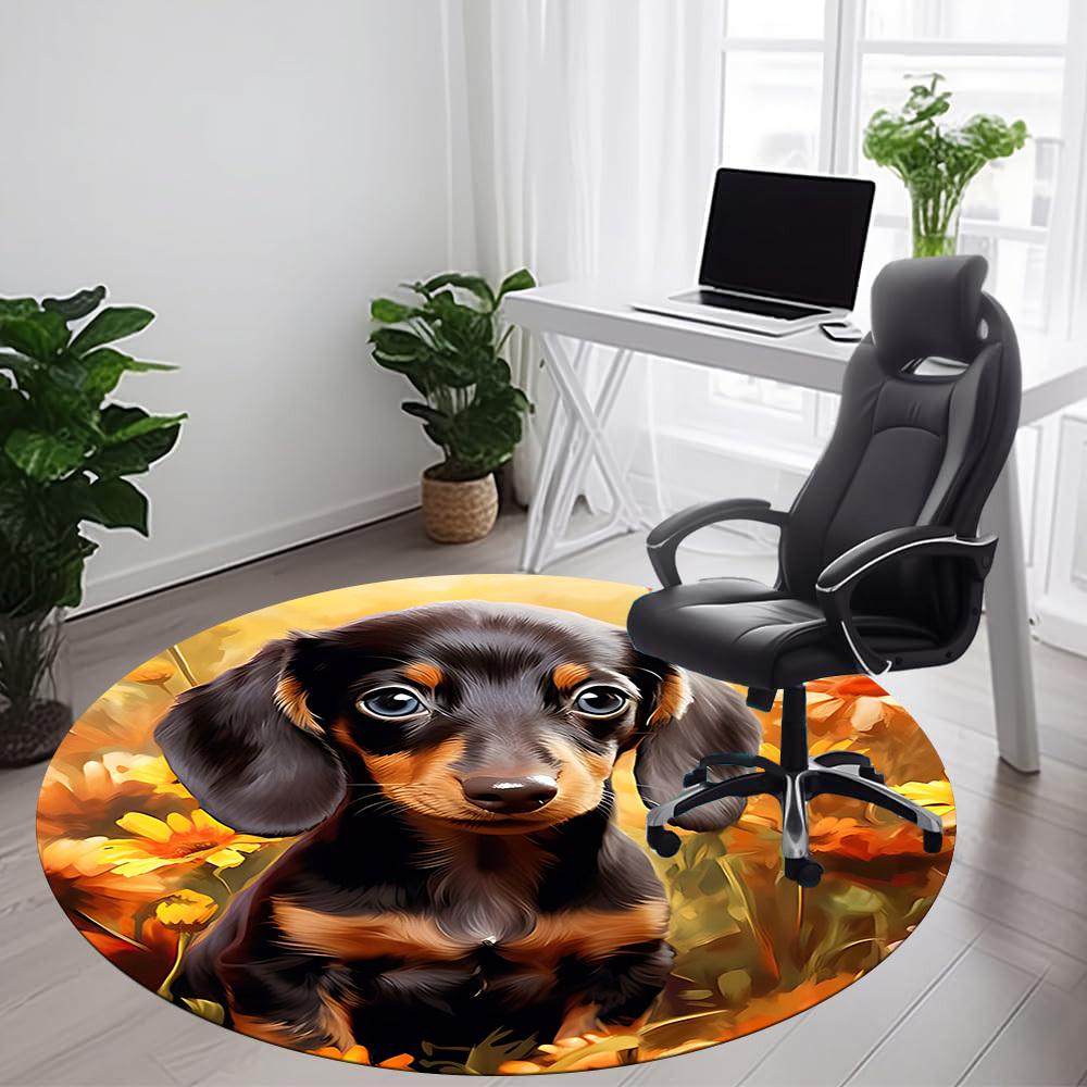 1PC Dachshund Flowers Office Round Area Rug, Mat Suitable For Office, Under Office Chairs Bedroom Living Room Home Decor, Room Deco