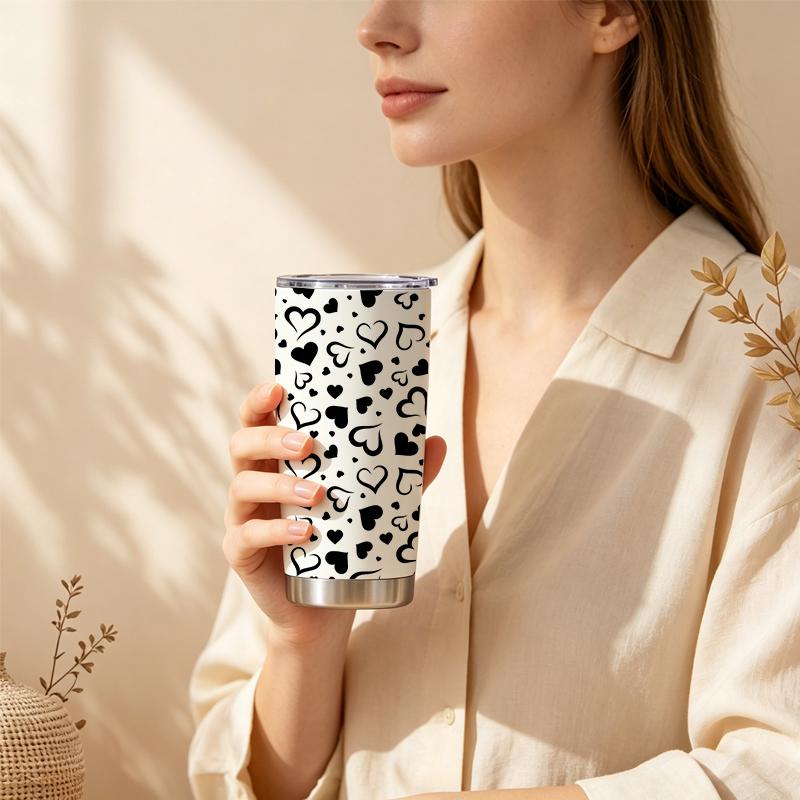 591ml Car Tumbler B&W Heart Element Straw Cup Insulated Travel Cup Stainless Steel Tumbler Portable Tumbler Straight Tumbler 591ml Car Tumbler