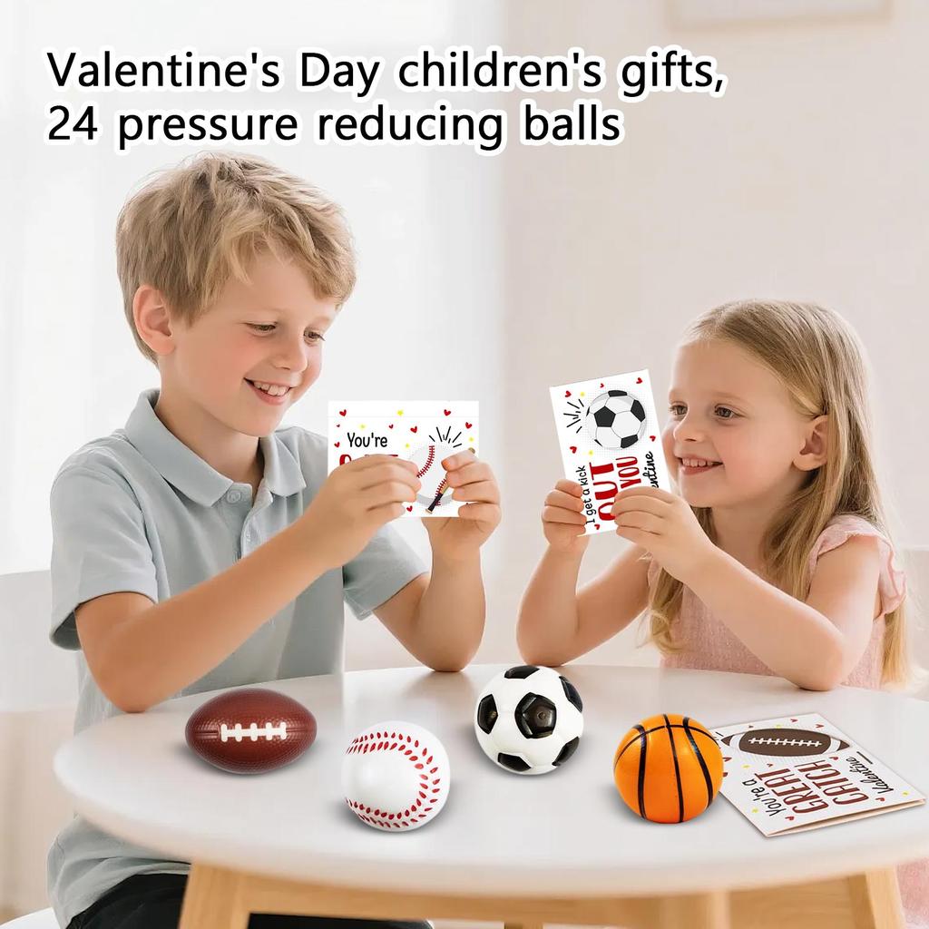 Alla hjärtans dag Barnpresent: Ett paket med 24 stressbollar med ett gratis Alla hjärtans dag-kort, lämpligt för både pojkar och flickor.