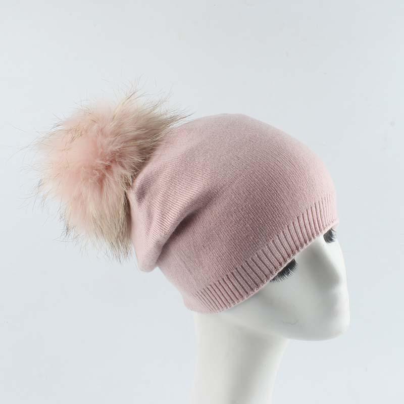 Adult New Raccoon Fur Ball Color Knitted Acrylic Common Fabric Warm Casual Pullover Beanie Hat Liner Unisex Cross-border