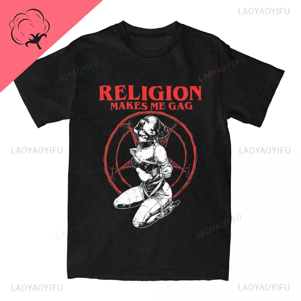 Religion Makes Me Gag Mens Short Sleeve Casual Printed TShirt Summer Satan Nun Vintage Cotton Leisure Harajuku Loose Tshirt