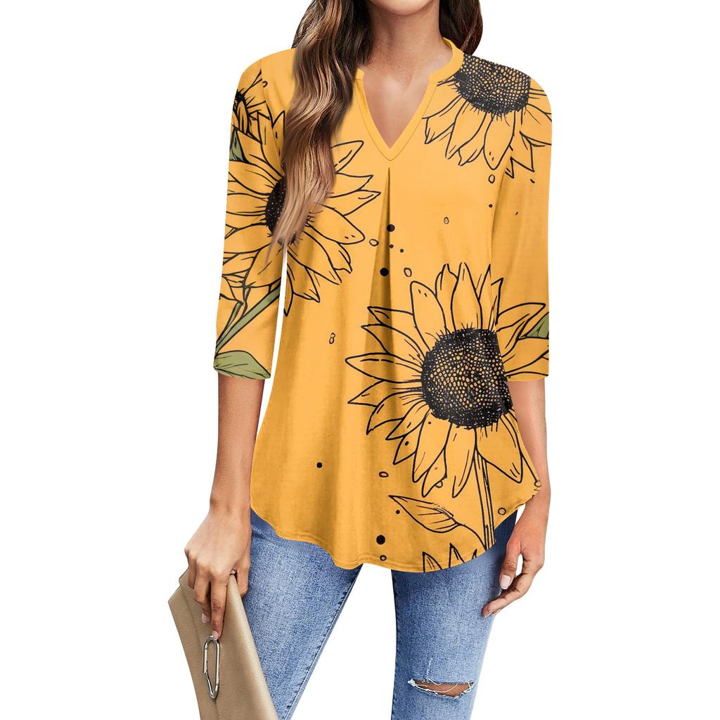 Women's Fashion Casual Three-Quarter Sleeve T-Shirt Printed V-Neck Top