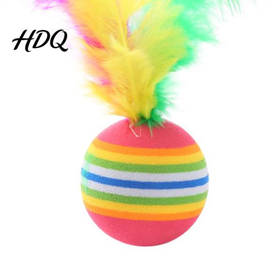 Soft Cat Ball Colorful Striped Ball Foam with Feathers Quiet Toy Feather