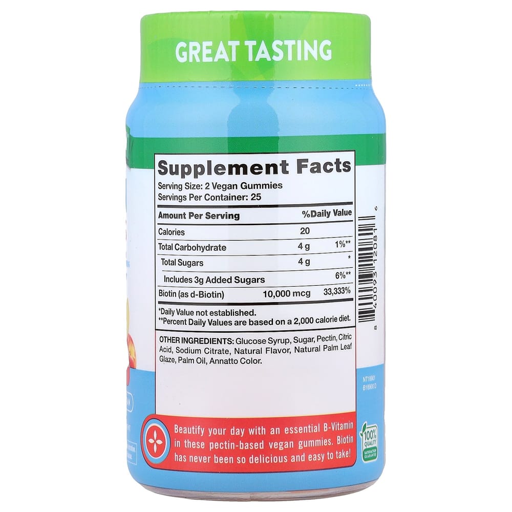 Nature's Truth Biotin Peach Vegan Gummies, 10000mcg Per Serving, 50 Count