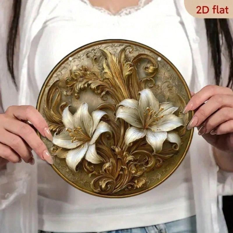 Metal Round Wall Art, Retro Beige Gold Floral Poster, Aluminum 8x8 Inch for Home Decor