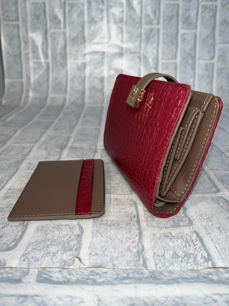 GUODI Wallet with Card Genuine Crocodile Matte Bi-fold Case, Leather, Finish, TK-10CW037 (Ruby)