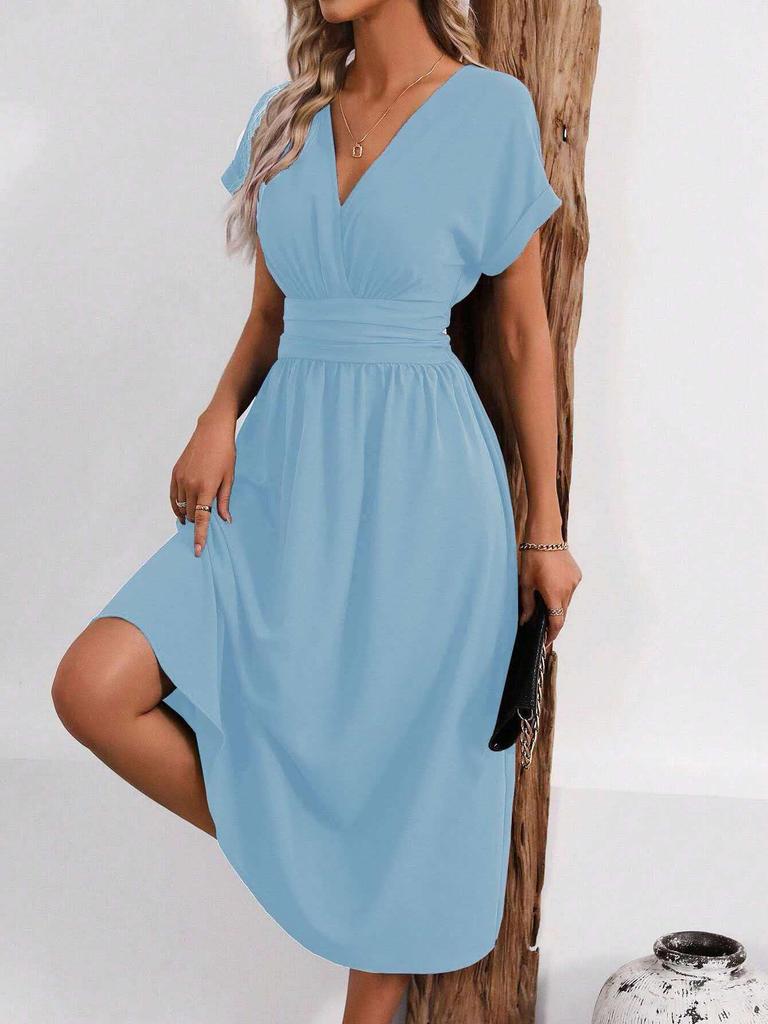 Women's 2026 Summer V-Neck Batwing Sleeve Pleated Dress