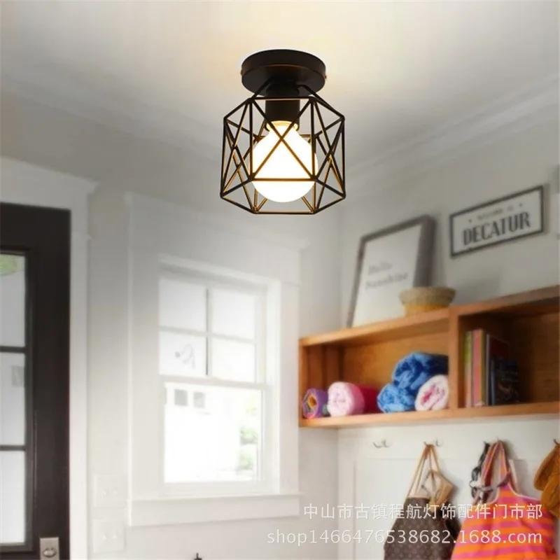 Industrial Ceiling Lamp Shade Fixture for Hallway Entrance Aisle Porch Square Diamond Iron Chandelier Pendant Light WY507