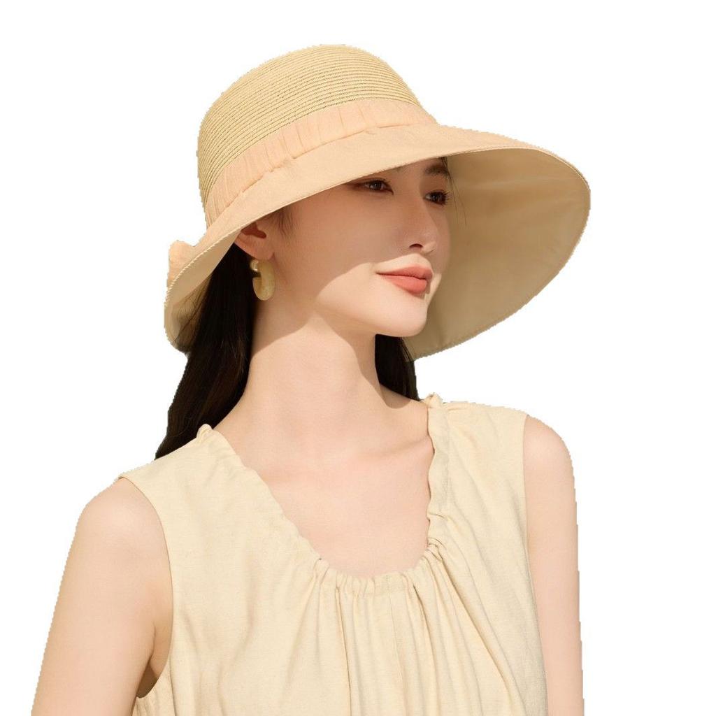 Sun hat women's summer sun protection UV protection sun hat breathable straw hat face small bow foldable hat