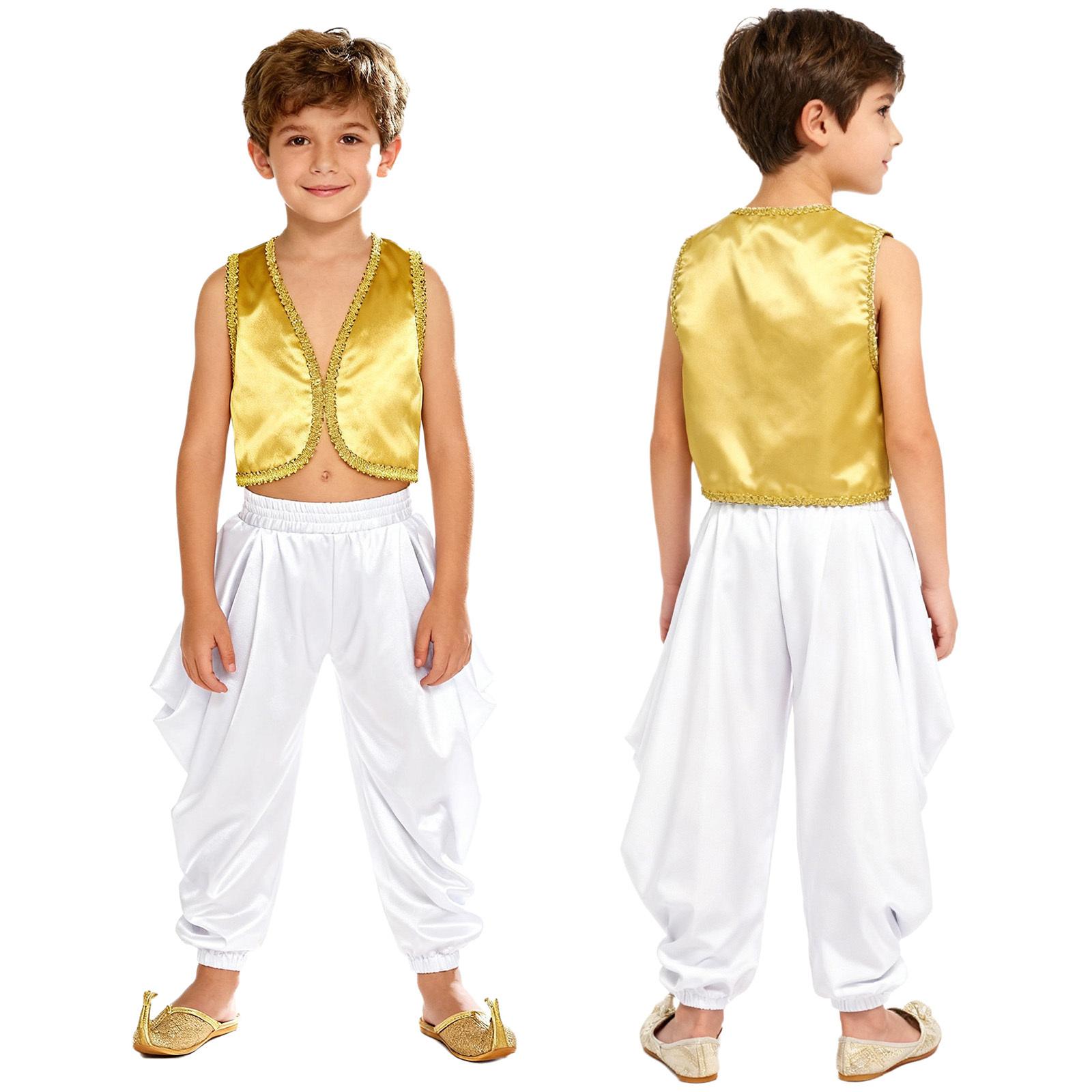 

Kids 2 Pcs Arabian Traditional Wear Open Front Golden Trim Vest and Elastic Waistband Baggy Pants for Carnival Dress Up жовтий/білий