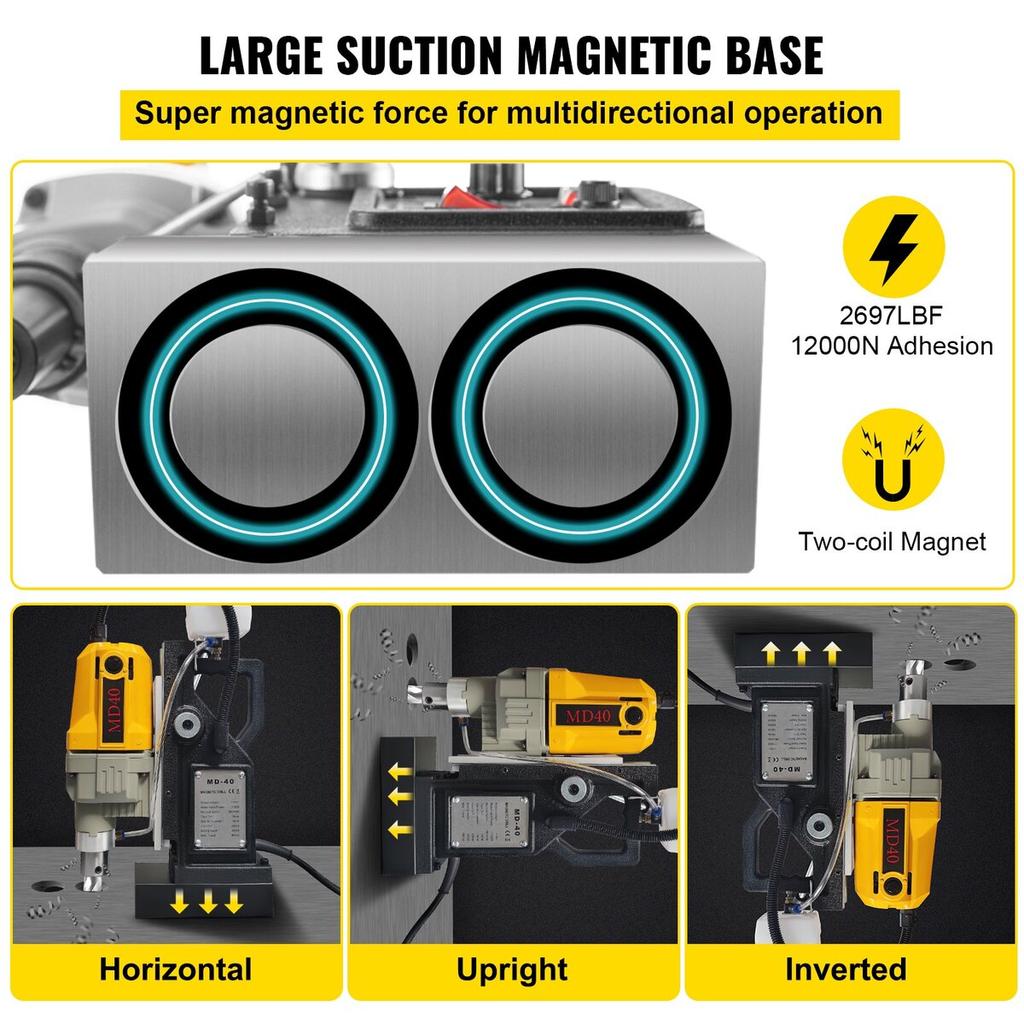 Magnetic Drill, 1100W 1.57" Boring Diameter, 2697lbf/12000N Portable Electric Mag Drill Press with 12 Bits, 580 RPM Max Speed Drilling Machine for Any