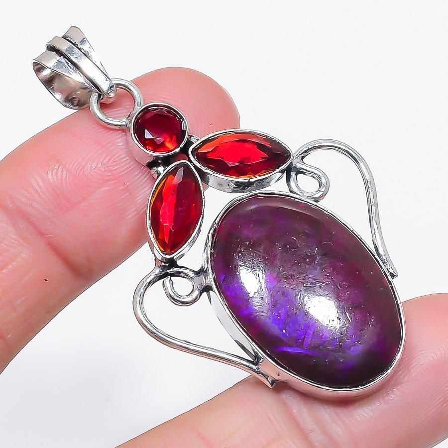 

Natural Pink Labradorite, Garnet 925 Sterling Silver Jewelry Pendant 2.29 T3y46