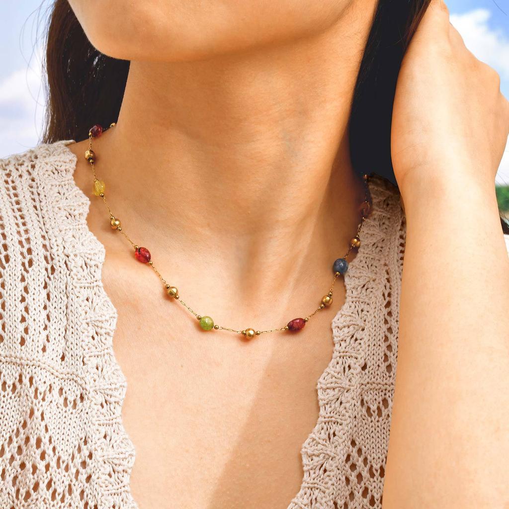 Fashion Colored Stone Y-Shaped Stainless Steel Natural Stone Gold Necklace Women'S Jewelry 2309