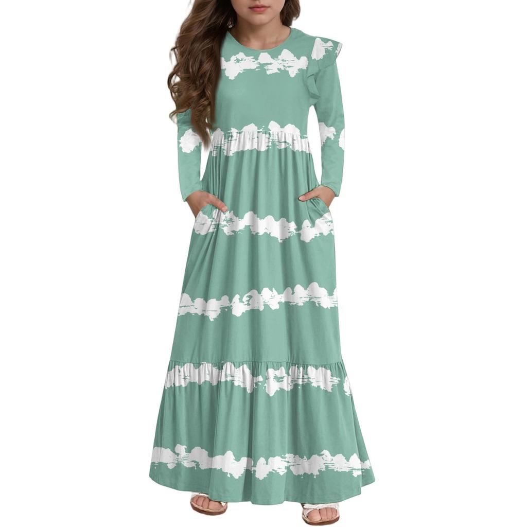 Girls' Tiered Ruffle Dress - Long Sleeve Printed Maxi With Pockets