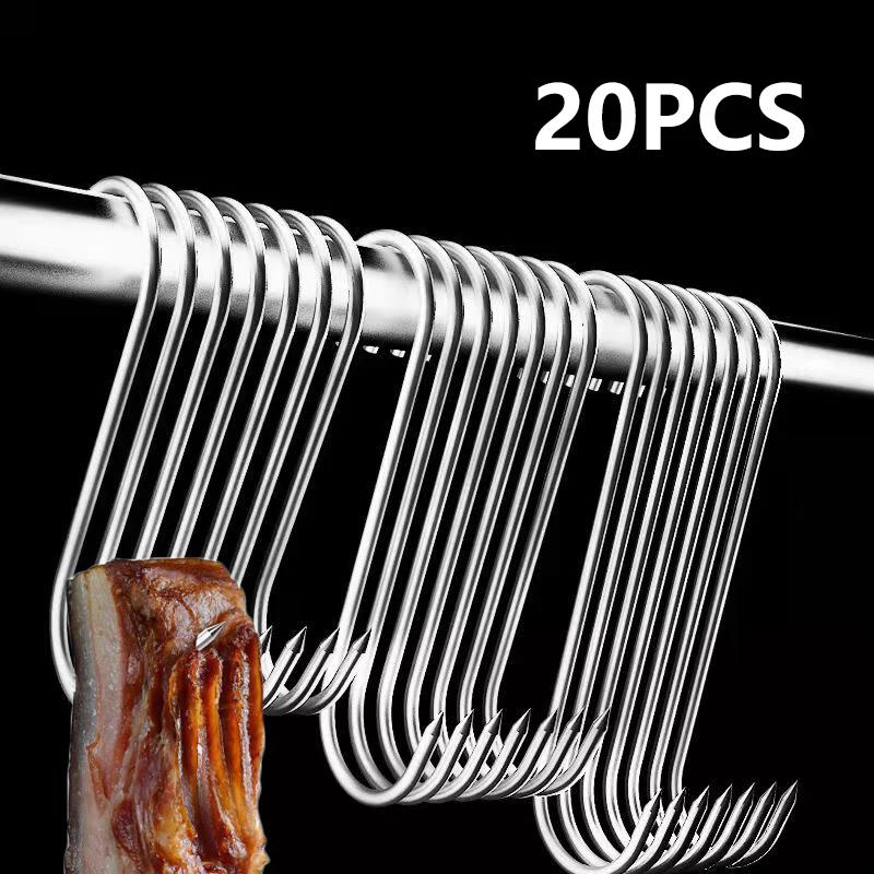 20 STÜCKE Edelstahl S-förmiger Haken Werkzeug Metzgerfleisch zum Räuchern Schlachten Jagen Huhn BBQ Schwein Wurst Speck Grillhaken
