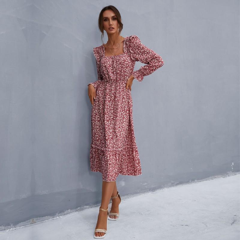 YYFS Dámská móda Květinový potisk Léto Jaro Dlouhý rukáv Čtvercový výstřih Vysoký pas Ležérní šaty