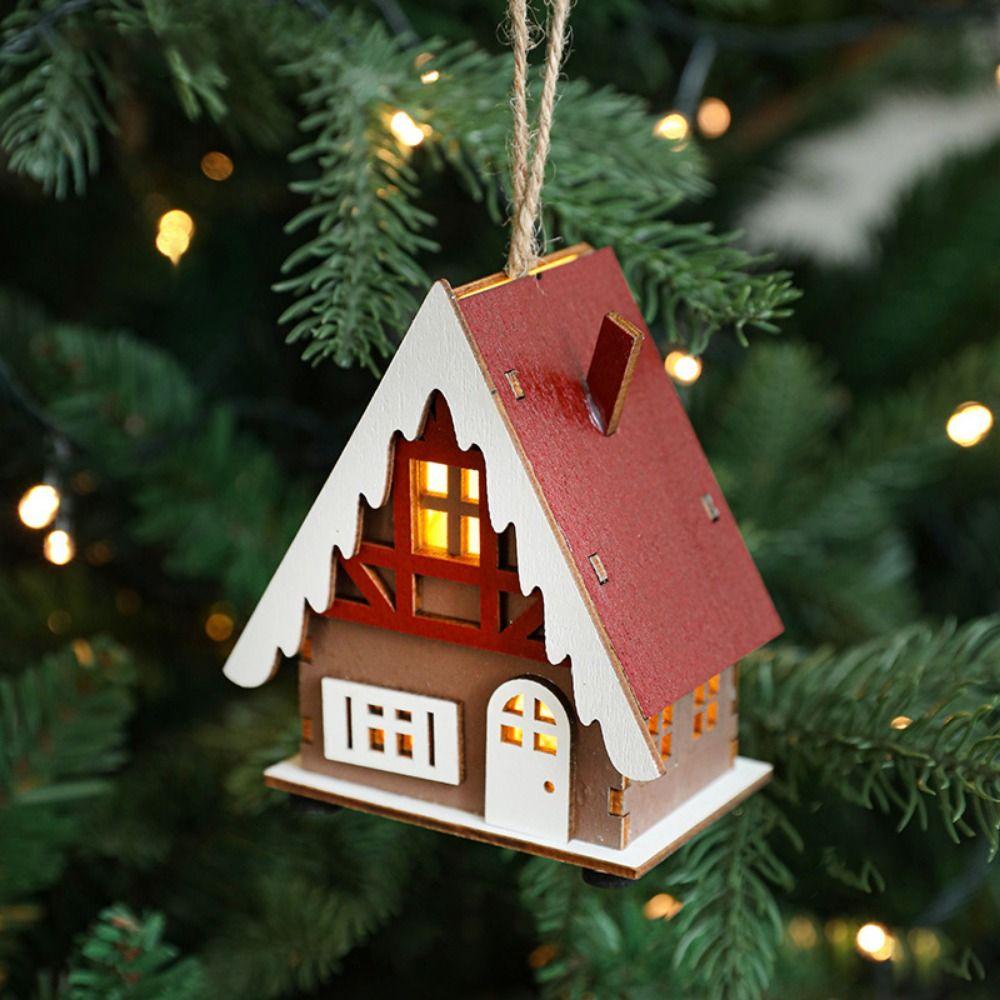 Decorative Christmas Snow House Pendant Christmas Tree Hanging Lighting Glowing Log Cabin Mini Elk LED Wooden Christmas House