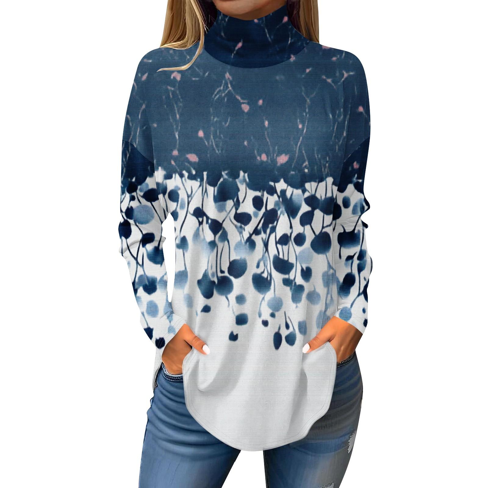 

Tee Shirts For Women Fall Casual Long Sleeve Shirts Sweatshirt Vintage Printed High Neck Top Pullover XXL
