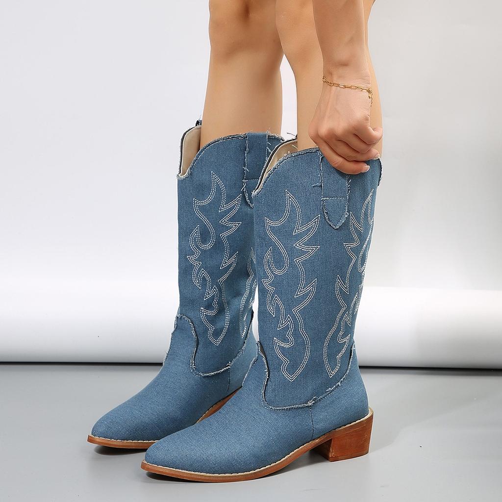 New Embroider Western Cowboy Boots for Women Knee High Boots Winter Shoes Wedge Heels Footwear Luxury Shoes Large Size