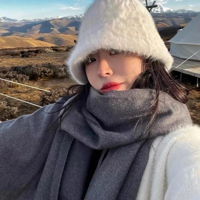 Fashion Designer Letter M Rabbit Fur Bucket Hat Women's Winter Korean Casual Versatile Fluffy Bucket Hat White Warm Basin Hat