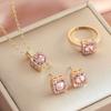 Silver Square Zircon Jewelry Set Necklace Earrings Ring For Women Bridal Gift