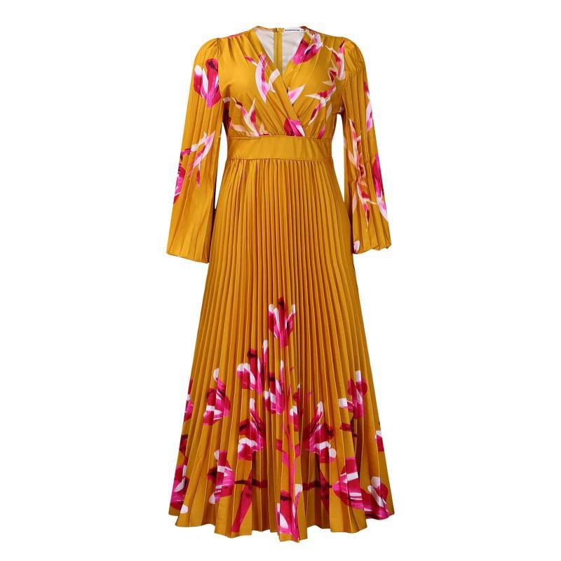 New Women s V-neck Long-sleeved Slimming Printed Pleated Long Dress Temperament XXL жёлтый
