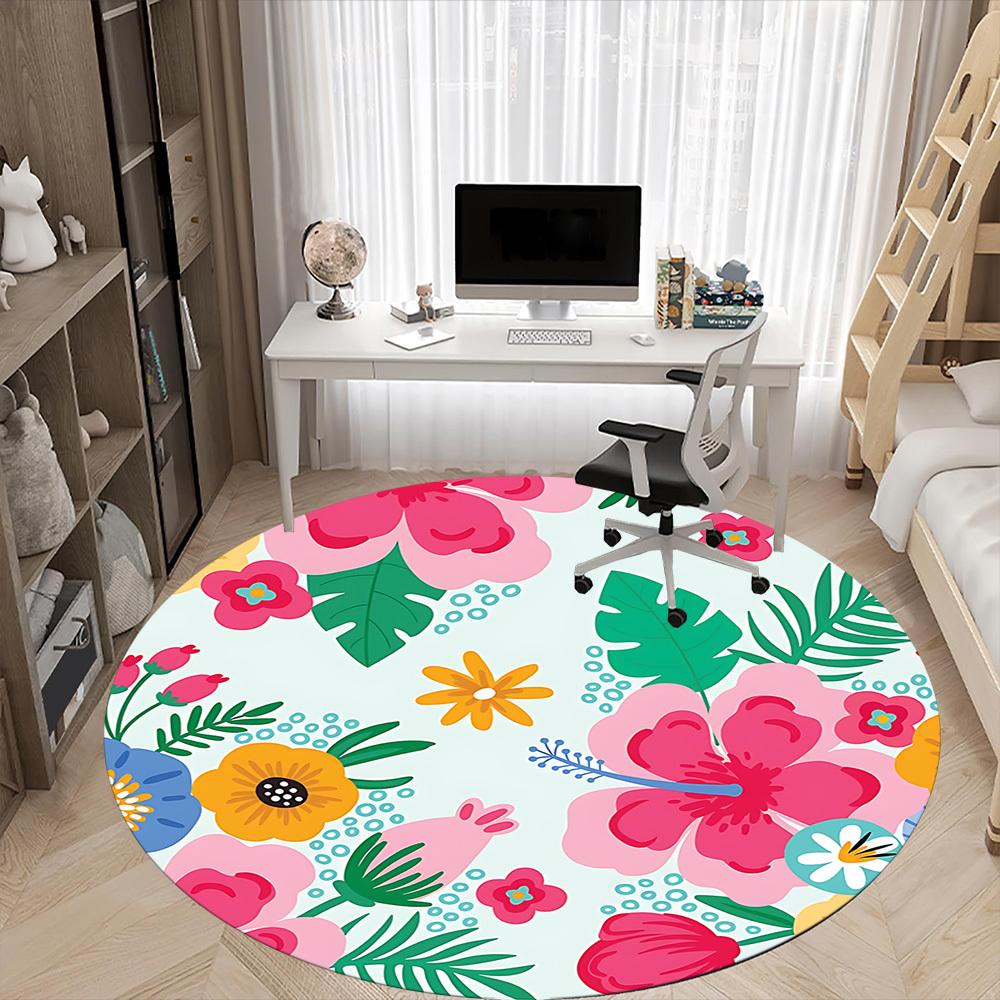 1PC Floral Pattern Office Round Area Rug, Indoor Mat Suitable ForOffice, Under Office Chairs Bedroom Living Room Home Decor, Room Deco, f028