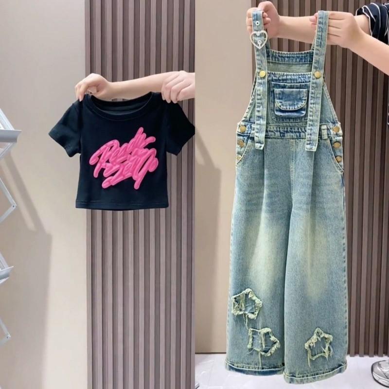 Adorable Girls Summer Outfits Loose Fit Denim Suspenders Set With Colorful T-shirt