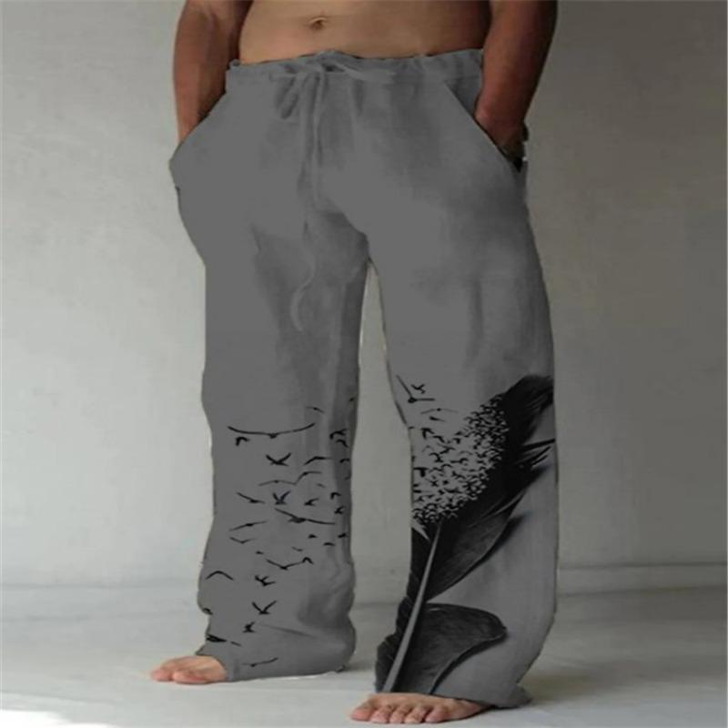Men's New Cotton and Linen Printed Drawstring Elastic Trousers Casual Pants
