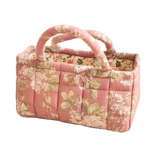 Quilted Floral Storage Basket Fabric Foldable Storage Tote with Handles Boho Collapsible Basket for Nursery Toys Towels Clothes Storage