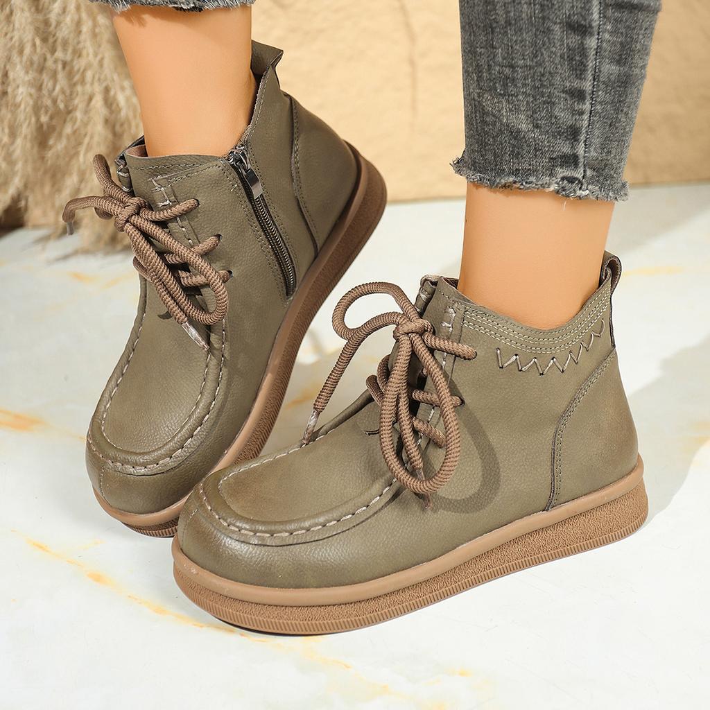2025 New British-style lace-up ankle boots for women, round-toed flat, large-sized, anti-slip and comfortable ankle boots