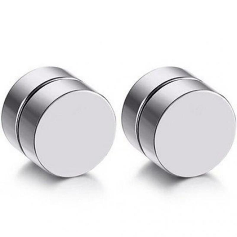 Men Fashion Round Stainless Steel Magnetic Clip On No Piercing Ear Stud Earrings