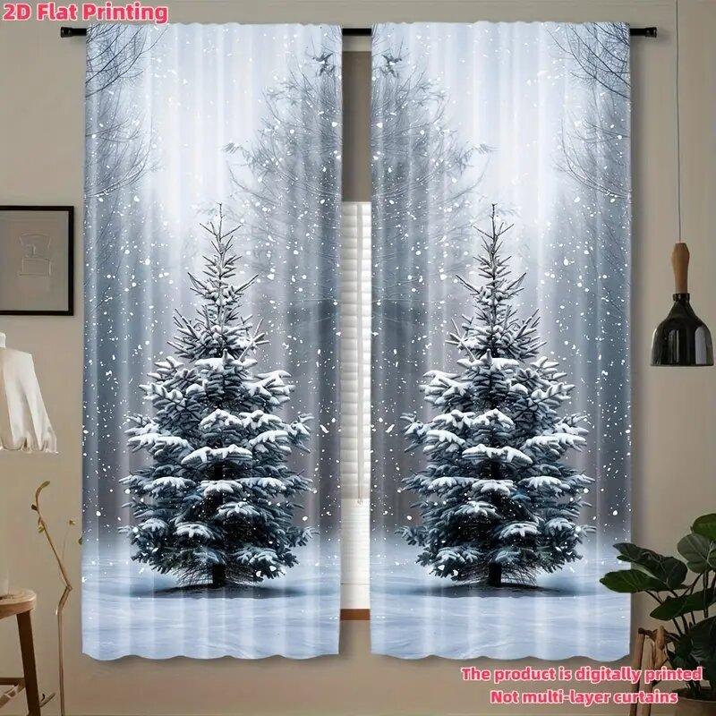 

2 Pcs Christmas tree snowflakes print curtains,suitable for bedroom,living room kitchen decoration,home decoration,window decor 14Wx39L(35x100CM)x2&Rod Pocket
