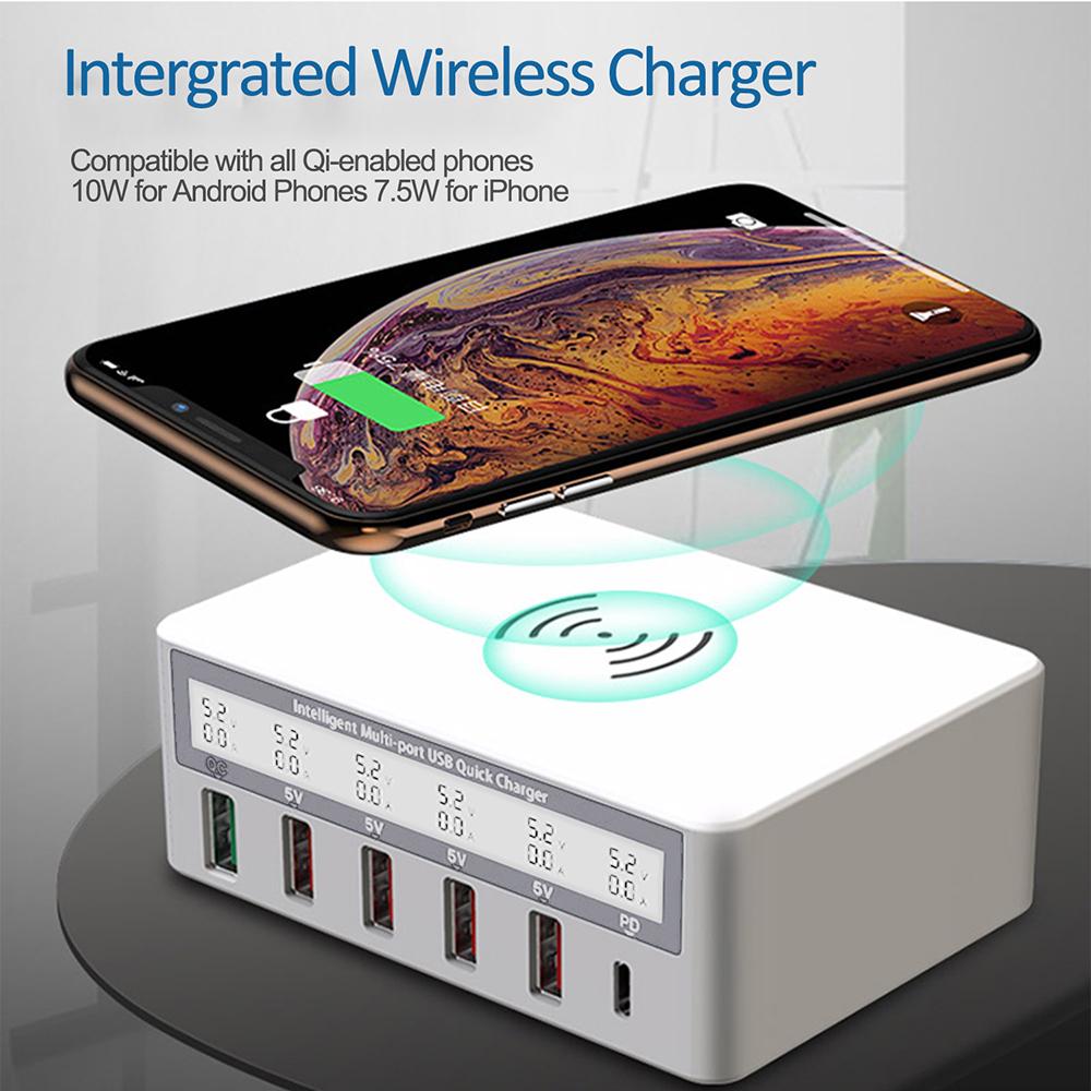 USB PD QC Charger Adapter Wireless Charger 6 Ports Fast Charging Station for IPhone 16/15/14 Pro Max IPad, Samsung Huawei
