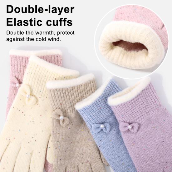Women Winter Gloves Warm Touch Screen Gloves with Bow-Tie Sequins Knitted Thickened Gloves for Daily Outings Dating Party