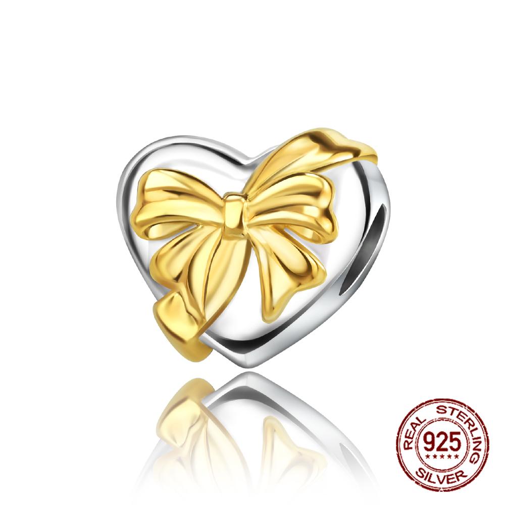 Медные золотые подвески-шармы в форме сердца с бантом Простые шармы Совместимы с оригинальными браслетами-шармами Женские украшения Сделай сам Подарок