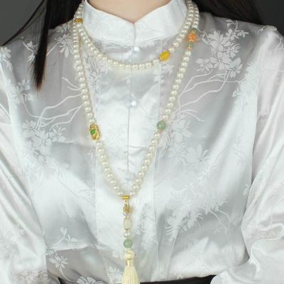 GEMCHIC Women's Vintage Chinese Style Faux Pearl Tassel Necklace New Chinese Style Beaded Long Crossbody Chain Hanfu Ma Mian Skirt Accessory